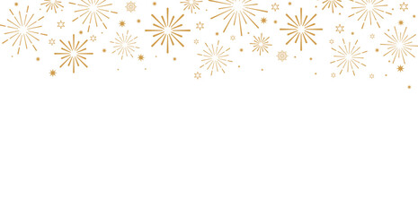 Elegant horizontal banner featuring golden/bronze outline fireworks and starbursts clustering in the top-left and bottom-right corners. Isolated on a white background with clean central copy space, id