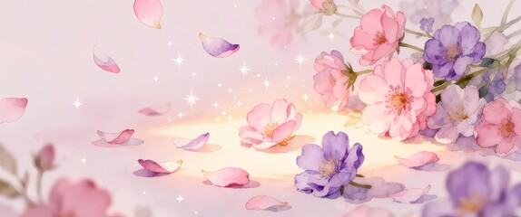 横たわるピンクと紫の花の背景イラスト：パステルカラーの壁紙、バナー