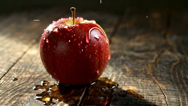 Shiny Red Apple with Dew Drops Resting on Rustic Wet Wooden Table