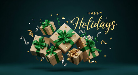 Group of gift boxes with green and gold ribbon, and confetti, on a dark teal background, representing celebration and holidays season