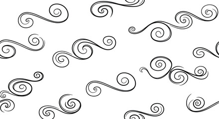 Swirling line motif set with stylized wind, wave patterns, decorative curves, dynamic flow, and black abstract design