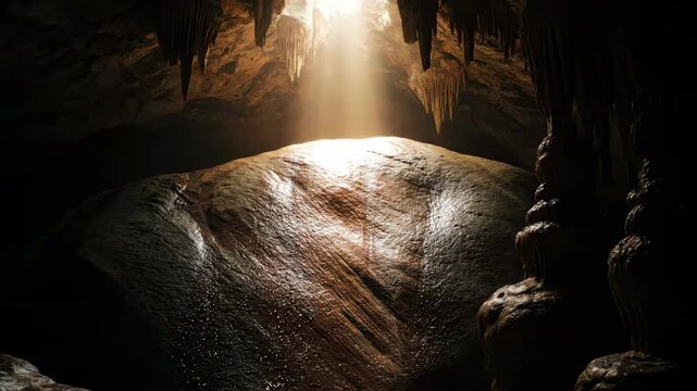 A travel landscape of a dark underground cavern where light illuminates a waterfall flowing over ancient stone rocks within the deep mountain grotto