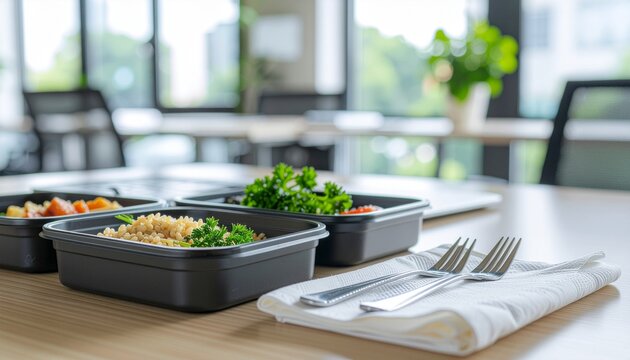 Prepared food in black containers with forks and a napkin. ideal for food blogs, restaurant menus, and meal delivery services.