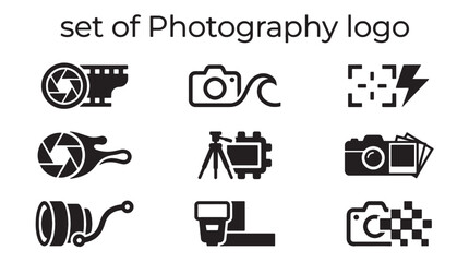 Photography camera icons set featuring shutter, lens, and flash vector logo designs. This digital collection offers clean black and white graphics for professional branding.