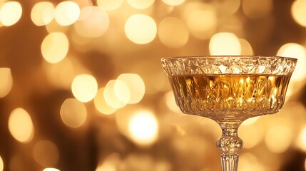 A luminous golden drink inside a delicate platinum wedding goblet