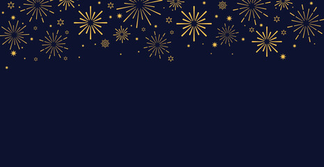 Fototapeta premium Elegant horizontal banner featuring seamless borders of golden starbursts and stars along the top and bottom. The festive pattern is set against a dark navy blue background, ideal for New Year, luxury