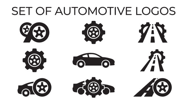 Clean Automotive Logos and Icons Set provides versatile Vector Design elements like Car, Gear, Wheel, and Road symbols for modern Branding and digital Design needs.