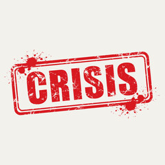 Red grunge rubber stamp with the word CRISIS and ink splatters on a light background.