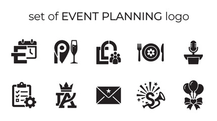 A versatile black vector set of event planning management icons featuring essential business, party, and celebration graphics for modern design projects.