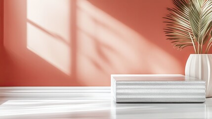 Realistic Industry Advertisement Luxury Minimalist Interior with Natural Light and Coral Wall Accent