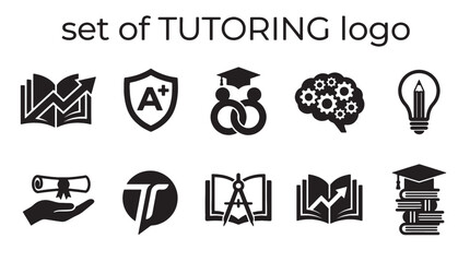 Comprehensive set of tutoring and education vector icons showcasing learning, knowledge, and academic success for modern logo designs and professional branding.