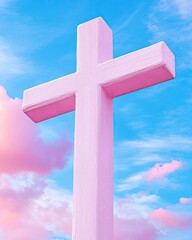 Realistic Industry Advertisement Luxury Pink Cross Against a Bright Blue Sky with Fluffy Clouds