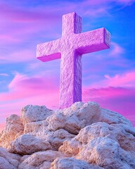 Realistic Industry Advertisement Luxury Vibrant Cross on Rocky Hilltop Against Colorful Sky at Sunset