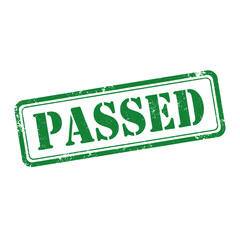 A green grunge rubber stamp with the word "PASSED" indicating approval, success, or completion on a white background.