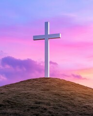 Realistic Industry Advertisement Luxury White Cross on a Hill Against a Vibrant Sunset Sky
