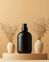 Realistic Industry Advertisement Luxury Elegant Black Bottle with Minimalist Vases and Dried Flowers