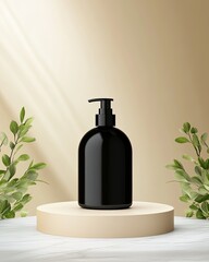 Realistic Industry Advertisement Luxury Minimalistic Black Bottle with Pump on Round Pedestal and Greenery