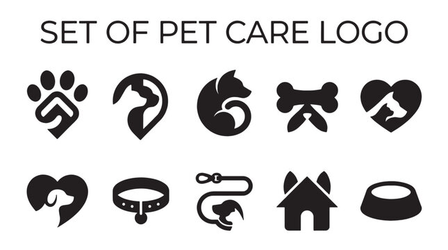 Modern minimalist black vector pet care logo and icon collection for dog, cat, and animal businesses, including heart symbols.