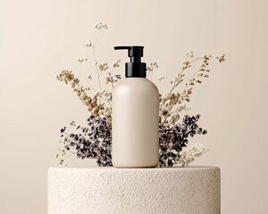 Realistic Industry Advertisement Luxury Elegant skin care bottle surrounded by dried flowers on pedestal