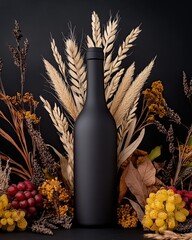 Realistic Industry Advertisement Luxury Matte Black Bottle Surrounded by Autumn Foliage and Dried Plants