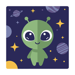 Cute green alien cartoon character with big eyes in outer space surrounded by planets and stars illustration.