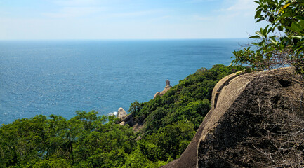 Tropical cliff with rock formations and ocean view, Island Ko Tao, Surat Thani, Thailand, Southeast Asia.
