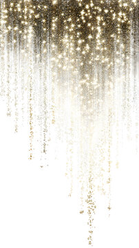 Luxury champagne gold sparkles at top cascading down white background 