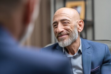Smiling middle-aged bald man with short gray beard wearing blue suit in office. Friendly professional male presenting approachable demeanor in workplace setting.