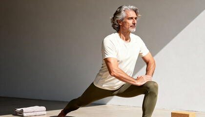 Handsome senior man stretching in a low lunge yoga pose. Mature male athlete doing a fitness workout in a minimalist studio with copy space