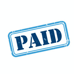 A blue grunge-style rectangular stamp with the word PAID in capital letters, tilted on a white background, signifying a completed financial transaction.