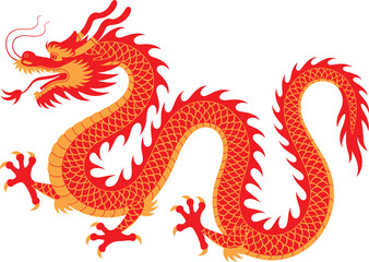 Red Chinese Dragon Vector with Traditional Details. Oriental Mythical Dragon Illustration in Red and Gold.