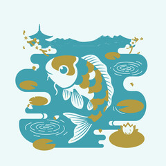 A stylized koi fish swims in a tranquil pond with lily pads, water ripples, and a distant pagoda and mountains in a serene Asian-inspired scene.