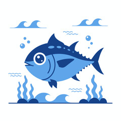 Cute blue cartoon fish swimming underwater with seaweed and bubbles.