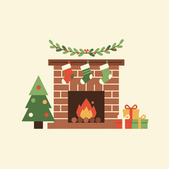A festive Christmas scene with a fireplace, stockings, tree, and presents, in a flat design style.