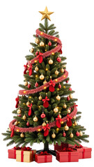 Beautifully decorated Christmas tree adorned with ornaments, ribbons, and lights, surrounded by wrapped gifts, creating festive atmosphere