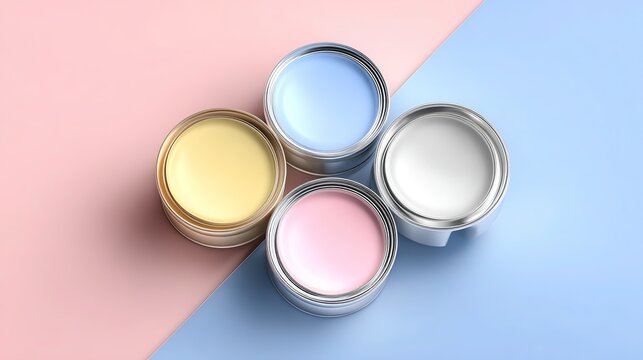 Flat-lay DIY décor top view: four open paint cans in blue, yellow, pink, white on geometric backdrop—ready-made color-scheme hero for banner or blog header