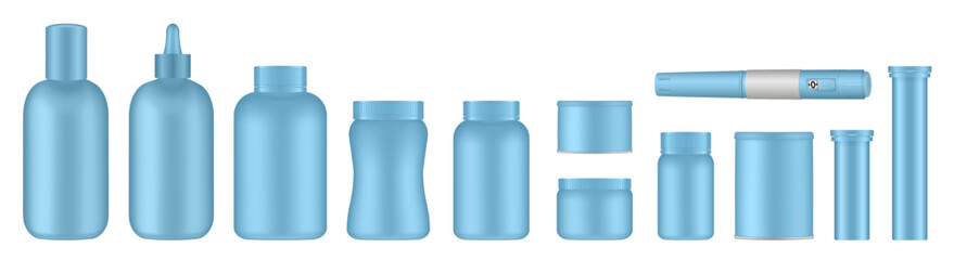 Set of medical pill bottles. Light blue jar with lid. Plastic medicine container. 3d mockup of a packaging for pharmacy. Effervescent tablet tubes, insulin pen