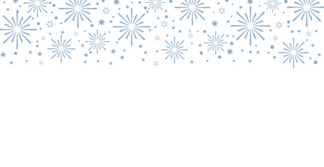 Horizontal winter banner header featuring a seamless pattern of light blue starbursts, fireworks, and scattered dots on a white background. This cool-toned, festive design offers excellent copy space 