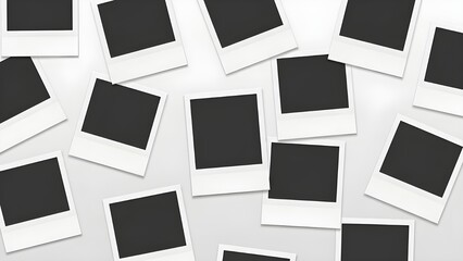 Scattered Blank Instant Film Photo Frames Background Mockup on Light Surface