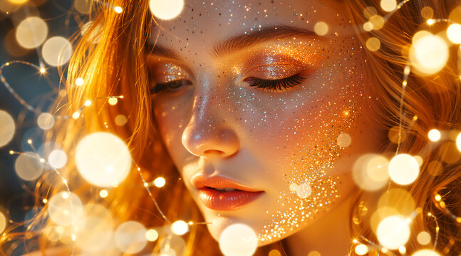 Festive holiday makeup with gold glitter on a woman's face. Magical beauty portrait with sparkling lights for a new year or christmas celebration - Powered by Adobe