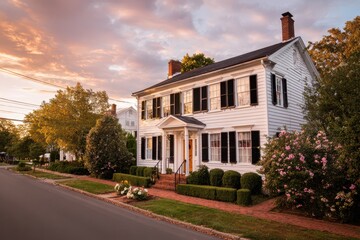 Obraz premium White clapboard colonial home at golden hour with long shadows