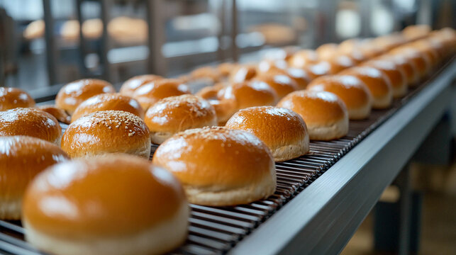 Freshly baked buns laid out in a row on a metal grate on the bakery's production line. They look appetizing and demonstrate the accuracy and quality of the baking process.