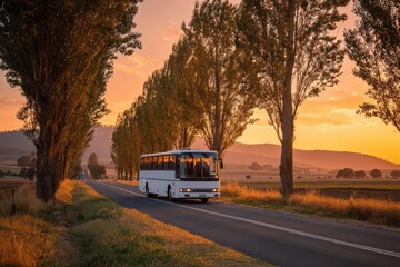 White passenger bus on a tree lined rural road at sunset