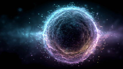 Fototapeta premium A sphere consisting of many small particles of blue and purple hues. Small glowing dots are located around the sphere.