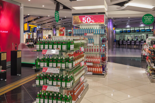 A duty free shop at Heathrow airport displays bottles of spirits and other liquor