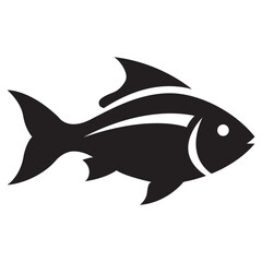 A stylized black fish with fins and a tail swimming to the right on a white background illustration