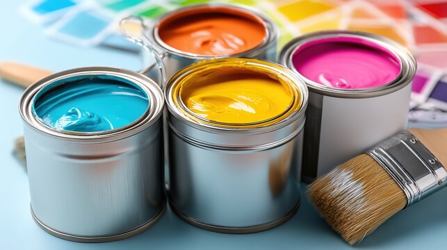 Spring refresh color wheel: four bright latex paint cans on white geometric layout with copy space, instant social ad, phone wallpaper or e-commerce thumbnail