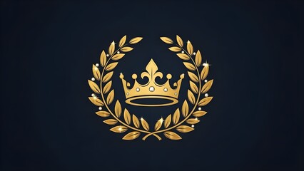 Luxury Golden Royal Crown and Laurel Wreath Emblem Vector Illustration on Dark Background 