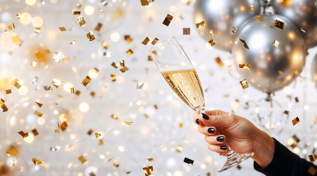Woman's hand holding a glass of champagne with falling gold confetti. Festive party background with silver balloons and bokeh lights. New Year's Eve celebration