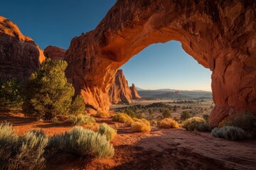 Wide-angle view of Window Rock sandstone arch with blue sky and rugged canyon